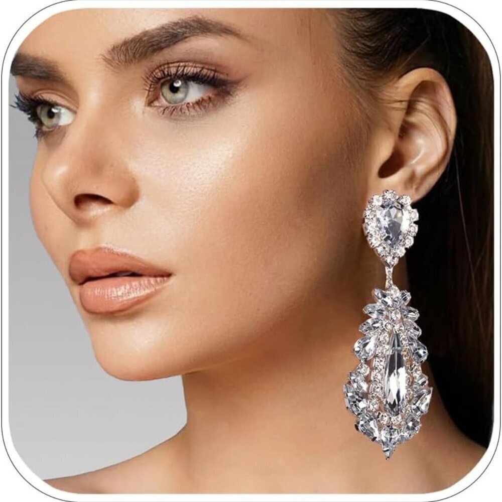 Women Large Rhinestone Drop Earrings Formal Jewelry Dangle Silver Gift